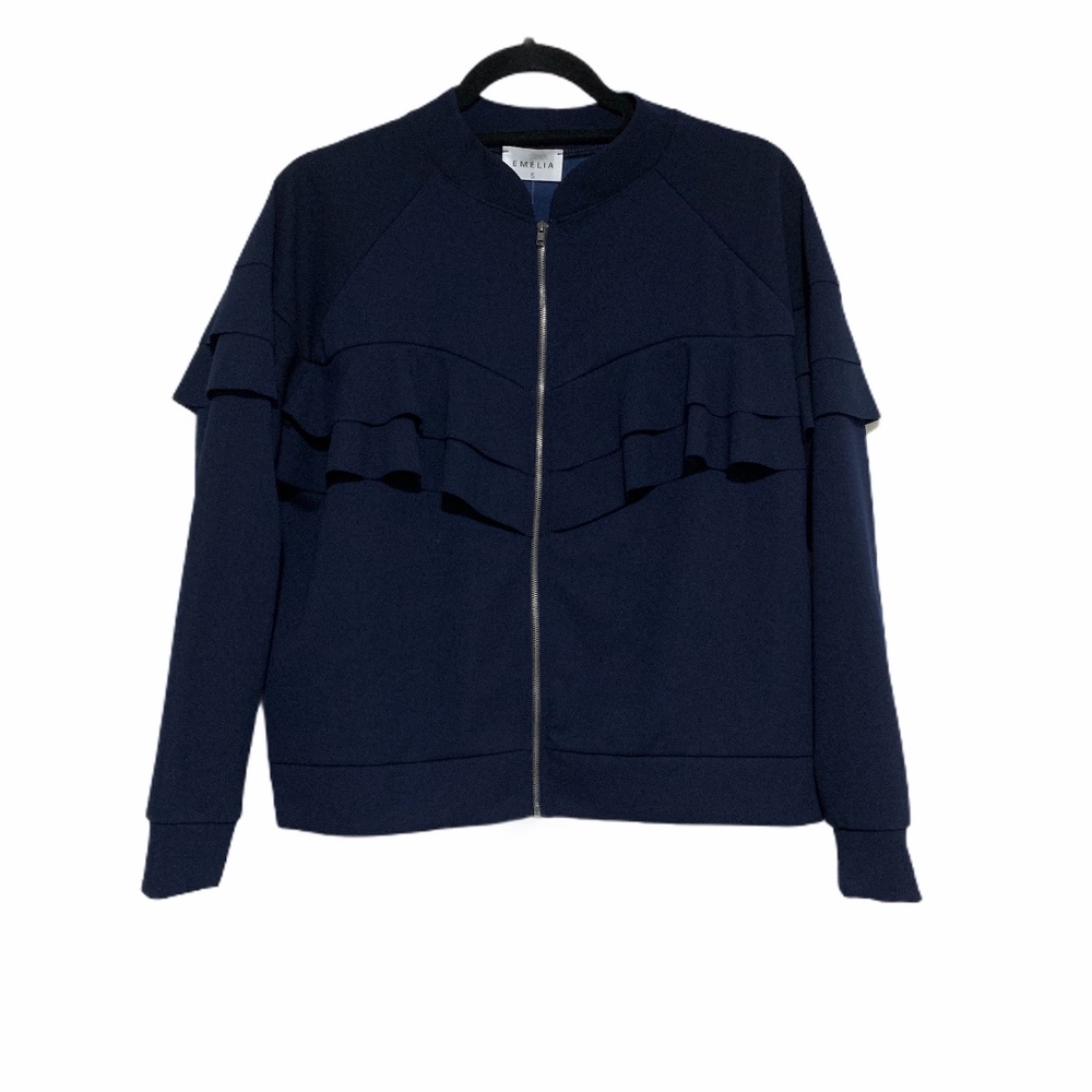 Emilia Ruffle Front Bomber Jacket in Navy Sz S NWT